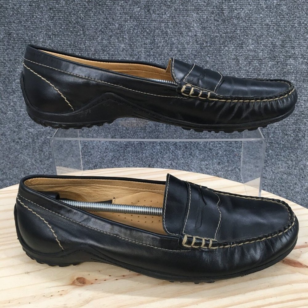 Martin Dingman Shoes Womens 9 M Penny Loafer Black Leather 630027 Almond Moc Toe